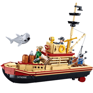 小鲁班积木大白鲨号渔船渔夫小屋船只模型儿童益智男孩拼装玩具