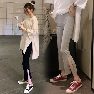 大码女装胖妹妹显瘦藏肉开叉休闲裤夏季薄款弹力直筒小个子七分裤