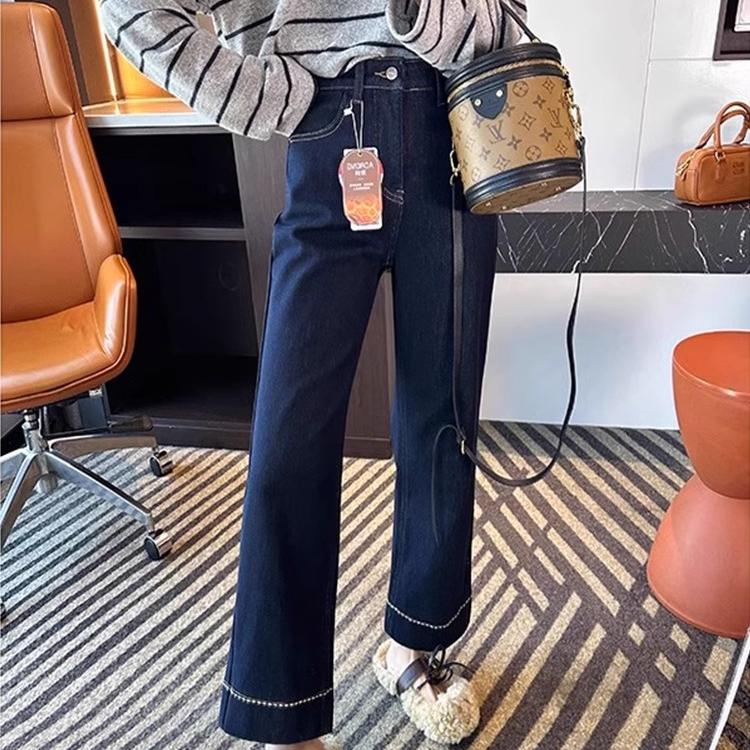 深蓝色高腰九分直筒显瘦牛仔裤