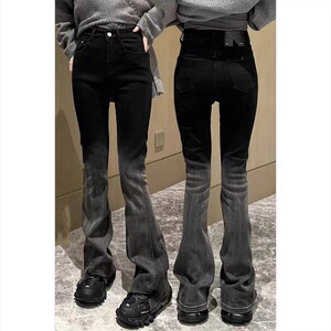 梨形身材高腰渐变色开叉微喇牛仔裤女秋冬加绒胖mm显瘦拖地马蹄裤