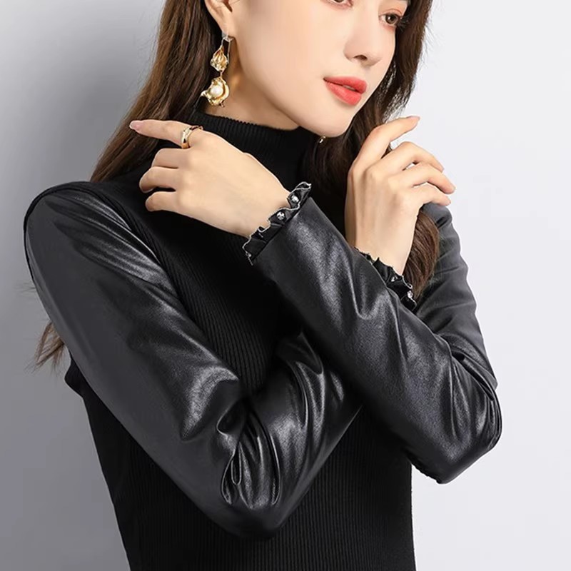 皮袖打底衫女冬季新款羽绒棉袖毛衣袖子夹棉小衫身子薄袖子厚内搭
