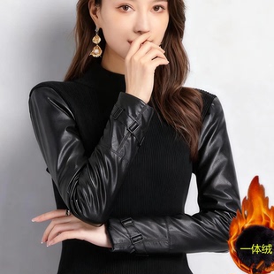 皮袖打底衫女冬袖子加棉加绒加厚毛衣配皮草马甲内搭小衫羽绒棉袖