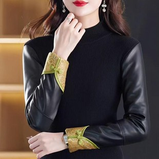 毛衣内搭袖 女冬羽绒棉袖 子加厚上衣民族风国风 拼接针织打底衫 皮袖