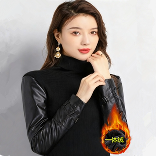 搭配皮草马甲专用的棉袖毛衣女胳膊手臂加绒加厚针织一体绒打底衫