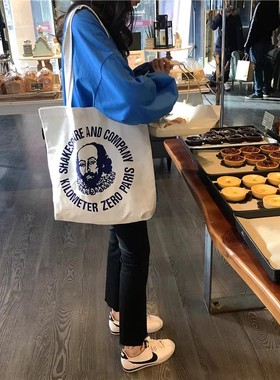 小布自制 ins包法国莎士比亚书店同款蓝色图案单肩帆布袋拉链包