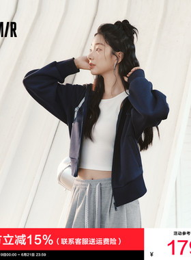 森马外套女春季弯刀袖灯笼袖连帽2026新款小个子蓝色拉链卫衣夹克