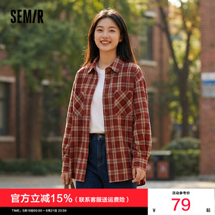森马长袖衬衫女春季中长款oversize翻领落肩格纹上衣女生复古衬衣