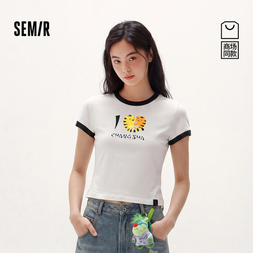 森马个性图案撞色短款短袖T恤女