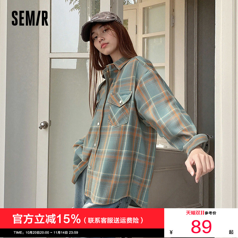 森柔牛仔|森马牛仔衬衫女中长款纯棉复古秋格子长袖衬衣街头上衣