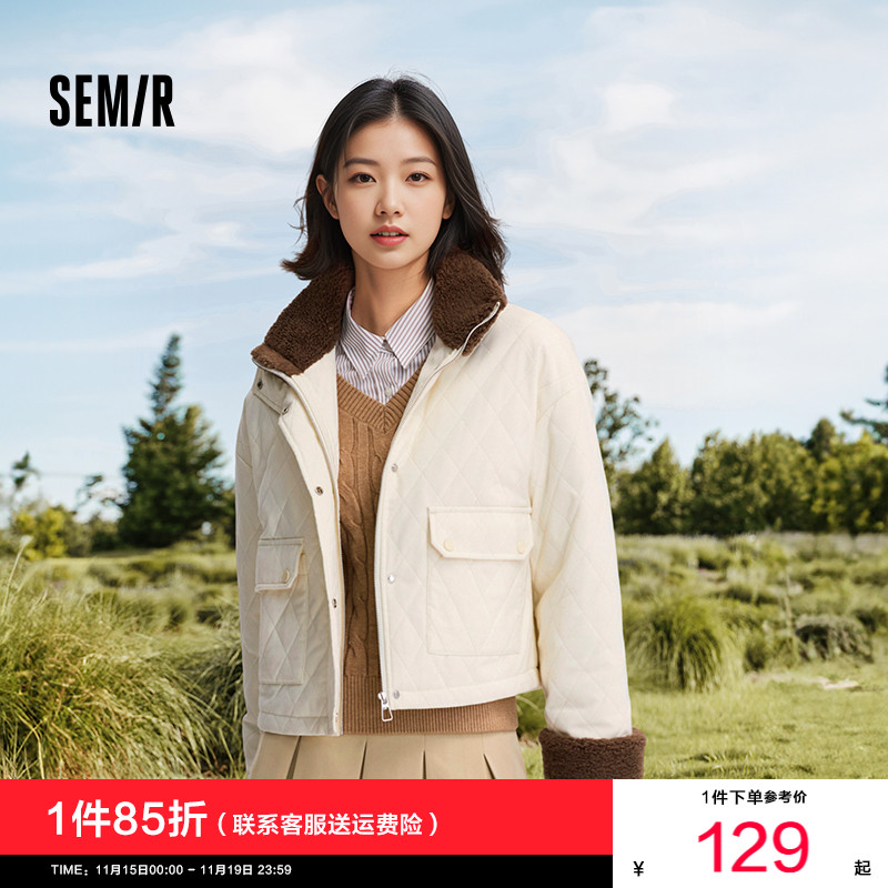 森马菱形格仿羊羔毛夹棉外套女