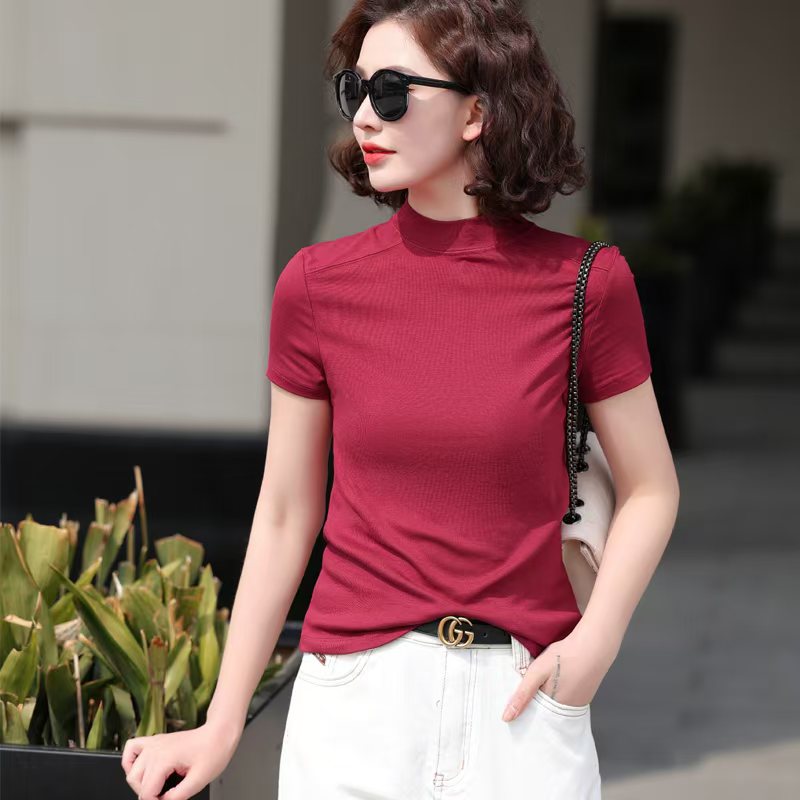 正肩纯色半高领螺纹针织短袖t恤女春夏新款洋气修身显瘦打底上衣