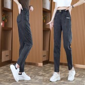 百搭直筒显瘦老爹裤 大码 松紧高腰小脚哈伦裤 女2024春秋新款 牛仔裤