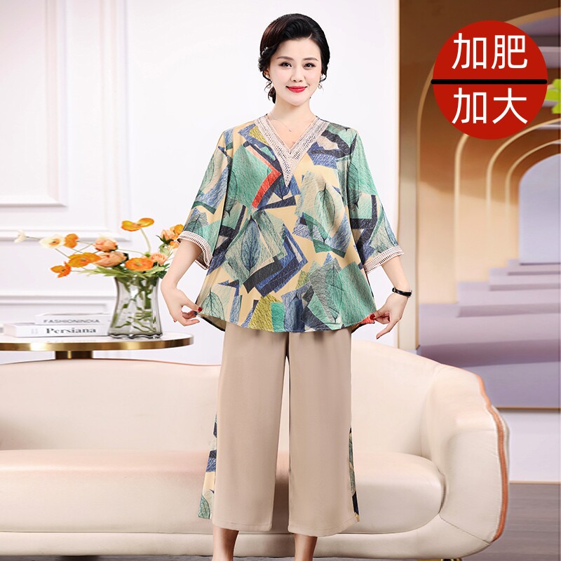 中老年妈妈装加肥加大码奶奶宽松套装新款夏季香云纱洋气夏装200