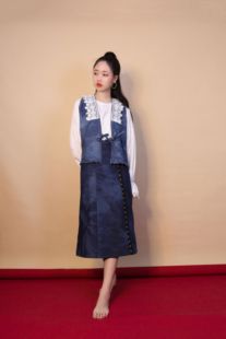 素风尔雅春装新品日常时尚风汉元素宋制牛仔两片裙女套装