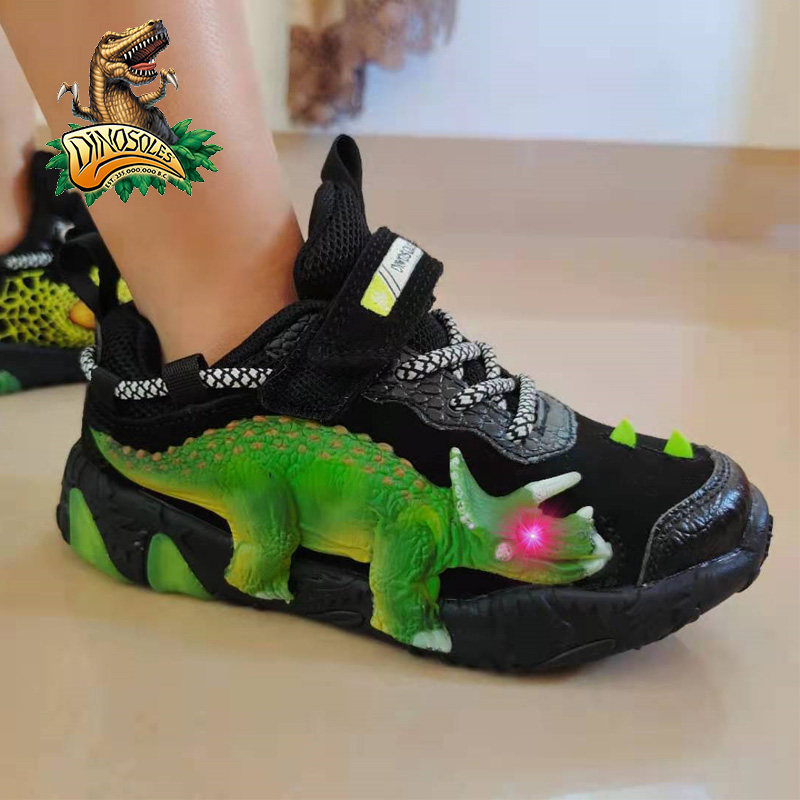 迪乐龙恐龙鞋子男童春款闪灯皮面网面闪灯鞋儿童运动鞋男孩中小童