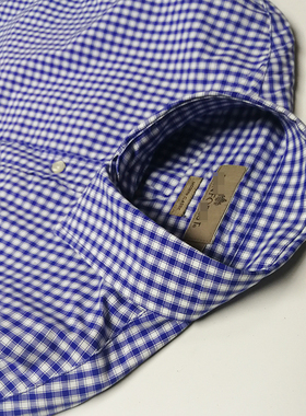 H8 欧版大码长袖衬衫男商务休闲纯棉蓝色格子中青年正装衬衣外贸