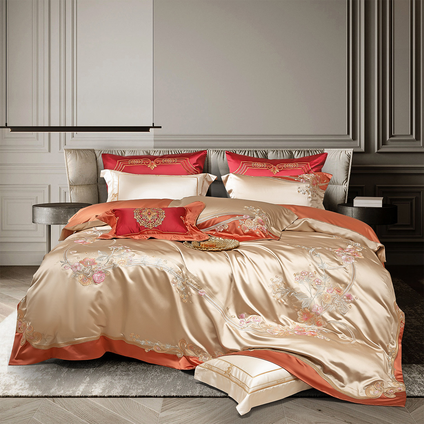 全棉四件套奢华绣花送礼140支真丝棉被套牡丹刺绣柔软床上用品