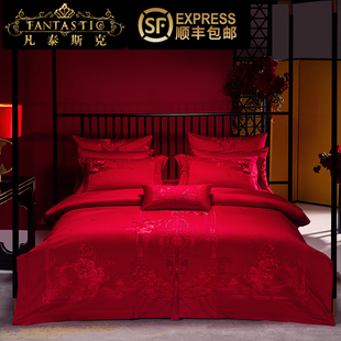 高档绣花植物花卉全棉结婚四件套大红被套婚庆陪嫁奢华床上用品