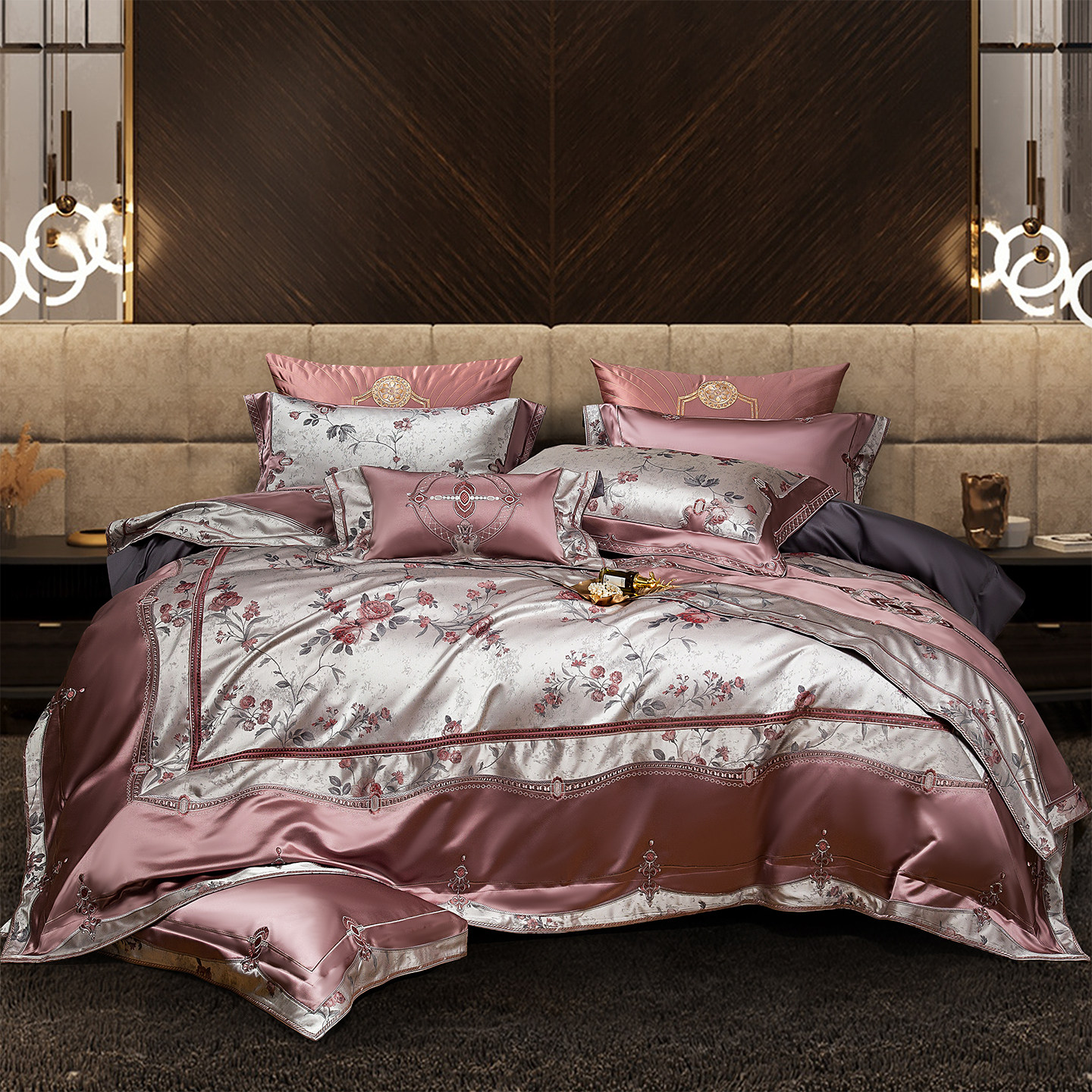高档送礼结婚嫣然粉刺绣花卉床上用品新中式别墅真丝棉婚庆四件套