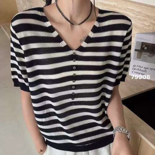 BADX正品设计感钮扣V领天丝短袖针织衫26夏季薄宽松百搭T恤上衣女