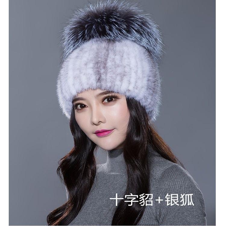 水貂皮毛帽子增高帽冬天韩版加厚保暖女士护耳帽貂毛帽女狐狸毛球