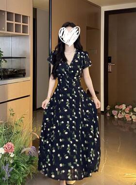 8313#夏季新款碎花法式气质显瘦银河蜜语高级感中长款连衣裙