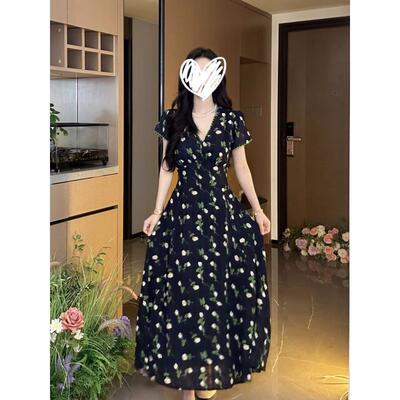 8313#夏季新款碎花法式气质显瘦银河蜜语高级感中长款连衣裙