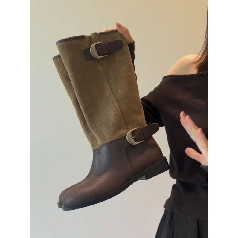 牛皮版~复古皮带扣西部牛仔靴女