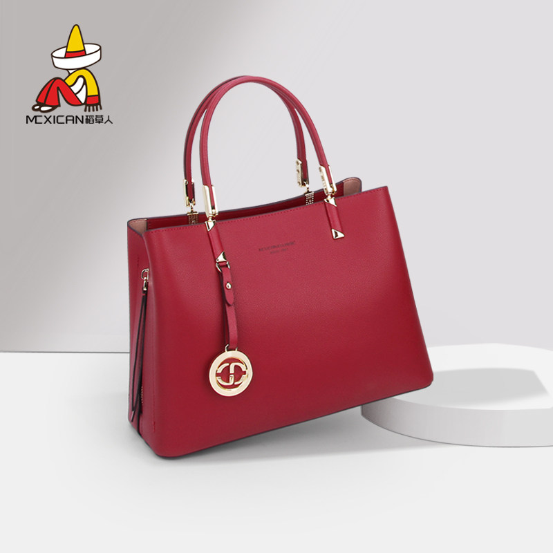 稻草人女包真皮包包2026新款斜挎包红色新娘结婚大容量牛皮手提包