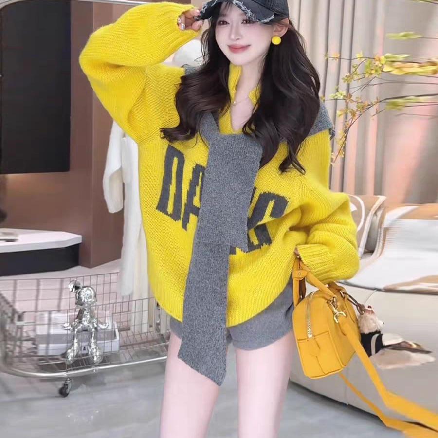 慵懒风宽松半开领套头黄色毛衣女2025秋冬新款美式字母印花针织衫
