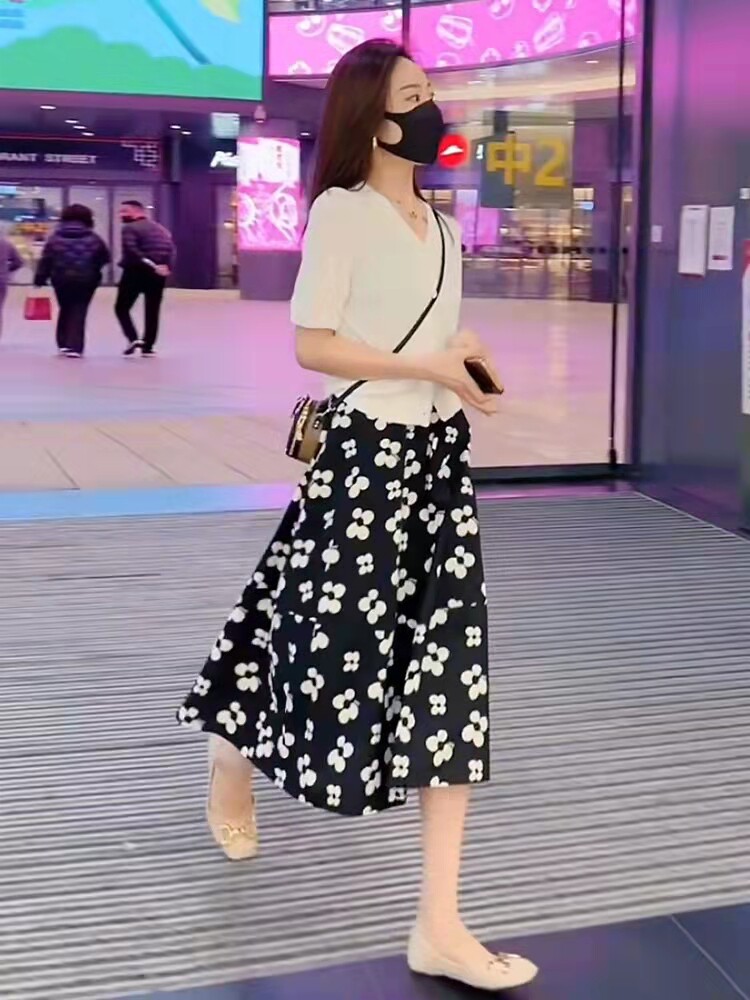 冰丝针织开衫印花半身裙两件套女