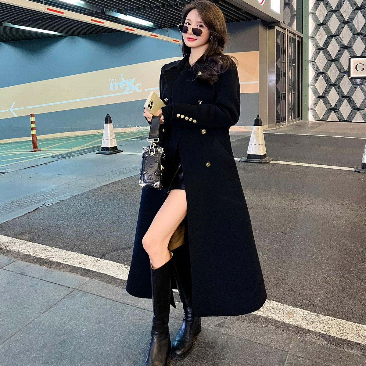 赫本风高级感黑色呢子大衣