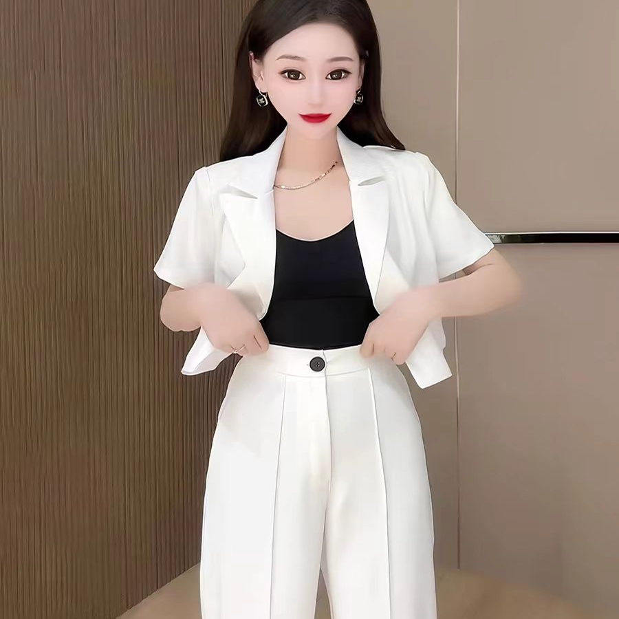 2026年夏季新款法式气质名媛高级感白色短袖西装外套阔腿裤套装女