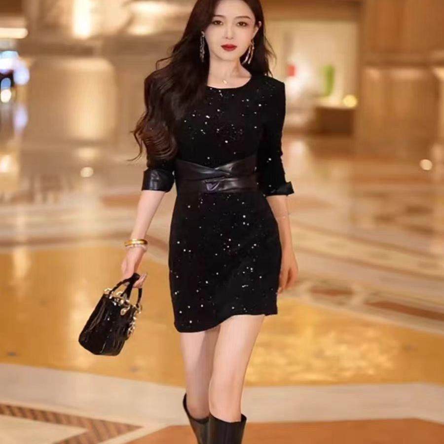 2026春季新款法式连衣裙女气质名媛风重工亮片拼接PU高级感包臀裙,女装/女士精品,连衣裙,淘宝优惠券,粉丝福利购,淘宝优惠卷