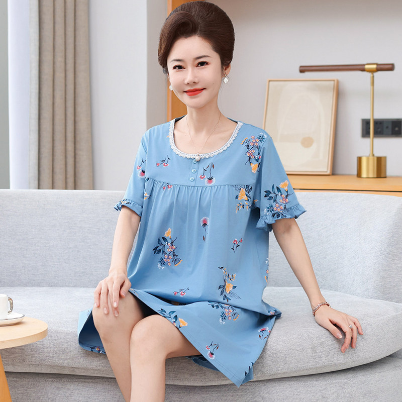 中年睡裙女夏季莫代尔薄款休闲短袖中长款裙子老人妈妈家居服睡衣