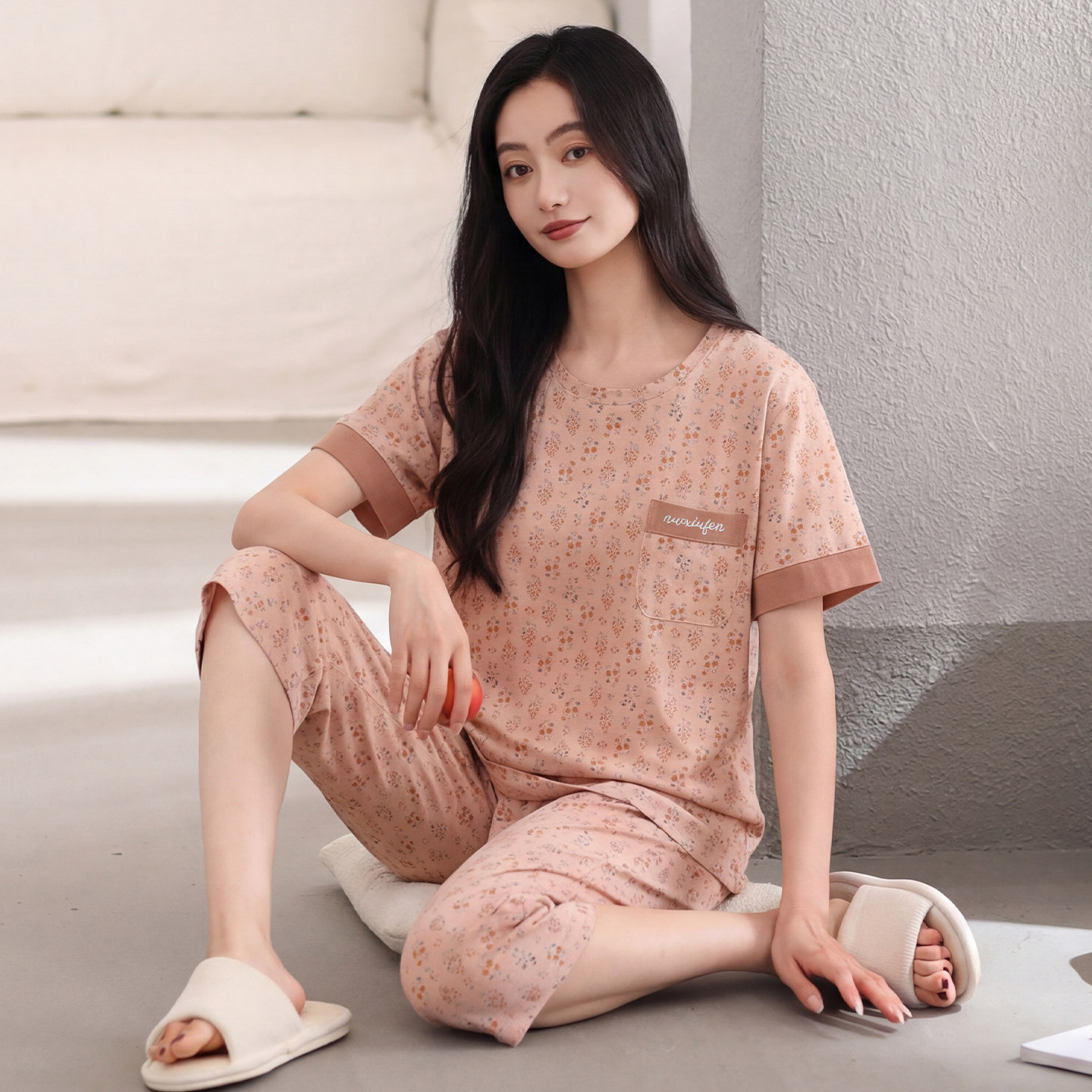 休闲睡衣女款夏季纯棉短袖七分裤薄款夏天中年妈妈加肥大码家居服