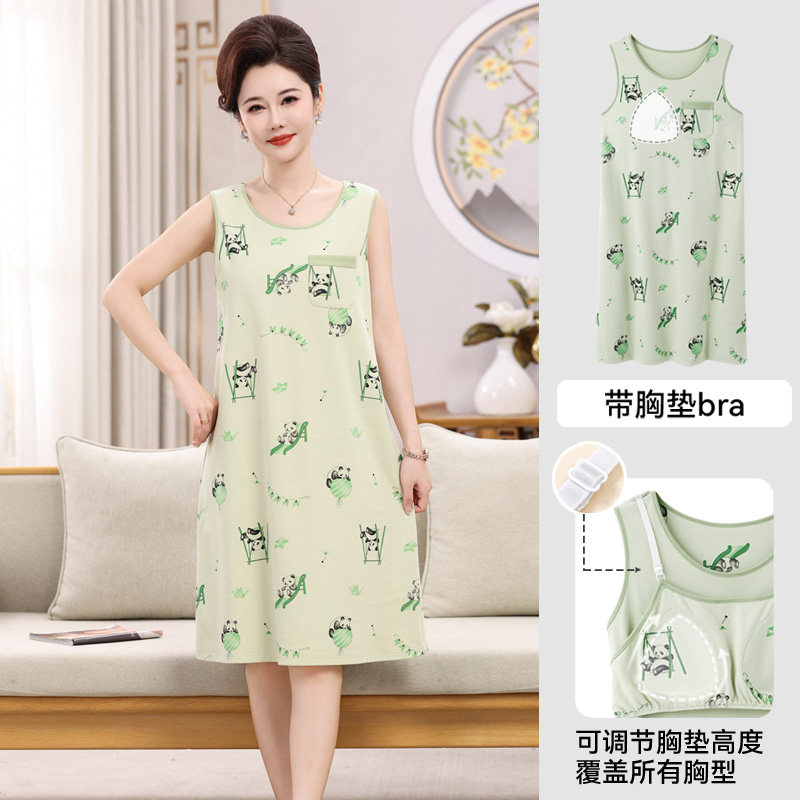 中年妈妈睡裙女夏季自带胸垫背心纯棉中长款连衣裙老人家居服裙子