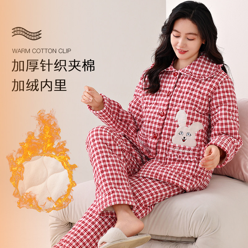 冬季夹棉睡衣女士纯棉长袖加厚棉袄保暖中老年加绒家居服两件套装