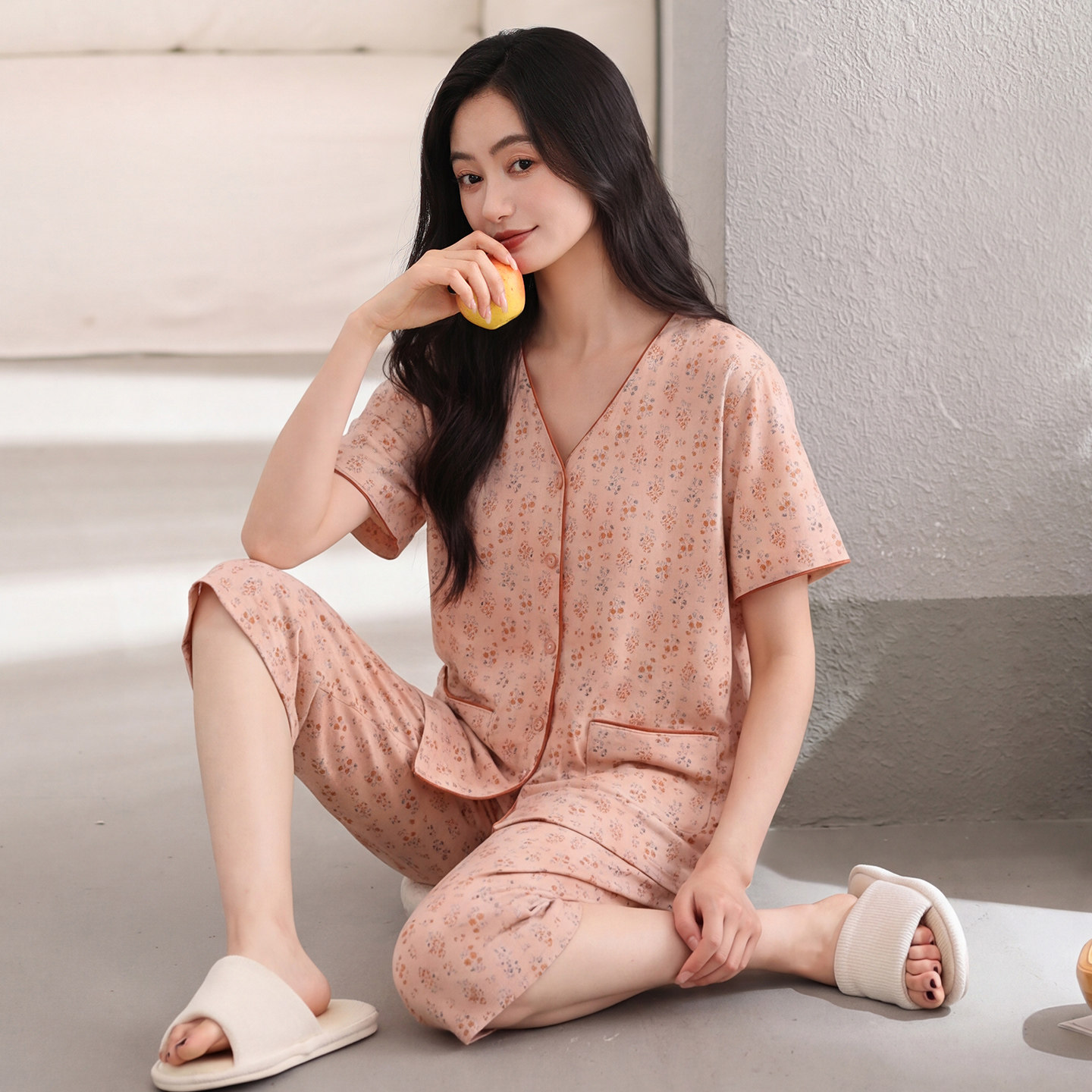 妈妈款睡衣女款夏季纯棉短袖七分裤薄款中老年加肥大码开衫家居服