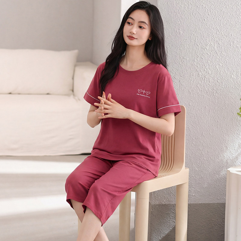 睡衣女款夏季纯棉短袖七分裤中年妈妈薄款宽松加肥大码家居服套装
