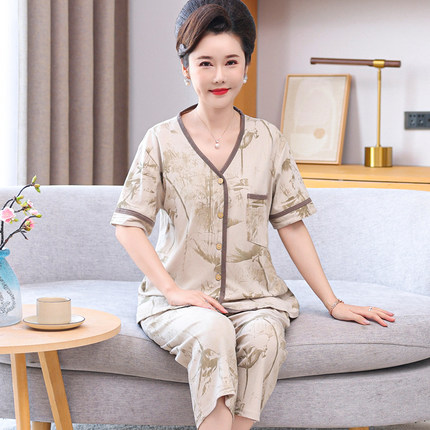 中老年人睡衣女夏季天纯棉短袖九分裤开衫V领家居服中年妈妈套装