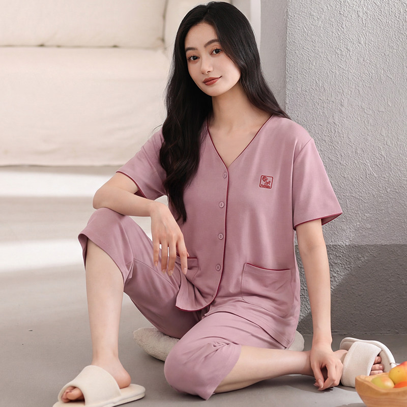 妈妈纯棉睡衣女款夏季短袖七分裤开衫薄款加肥大码中年婆婆家居服
