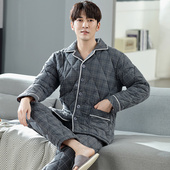 加厚夹棉纯棉中年爸爸睡衣秋冬季 恒温保暖加绒棉袄男士 老人家居服