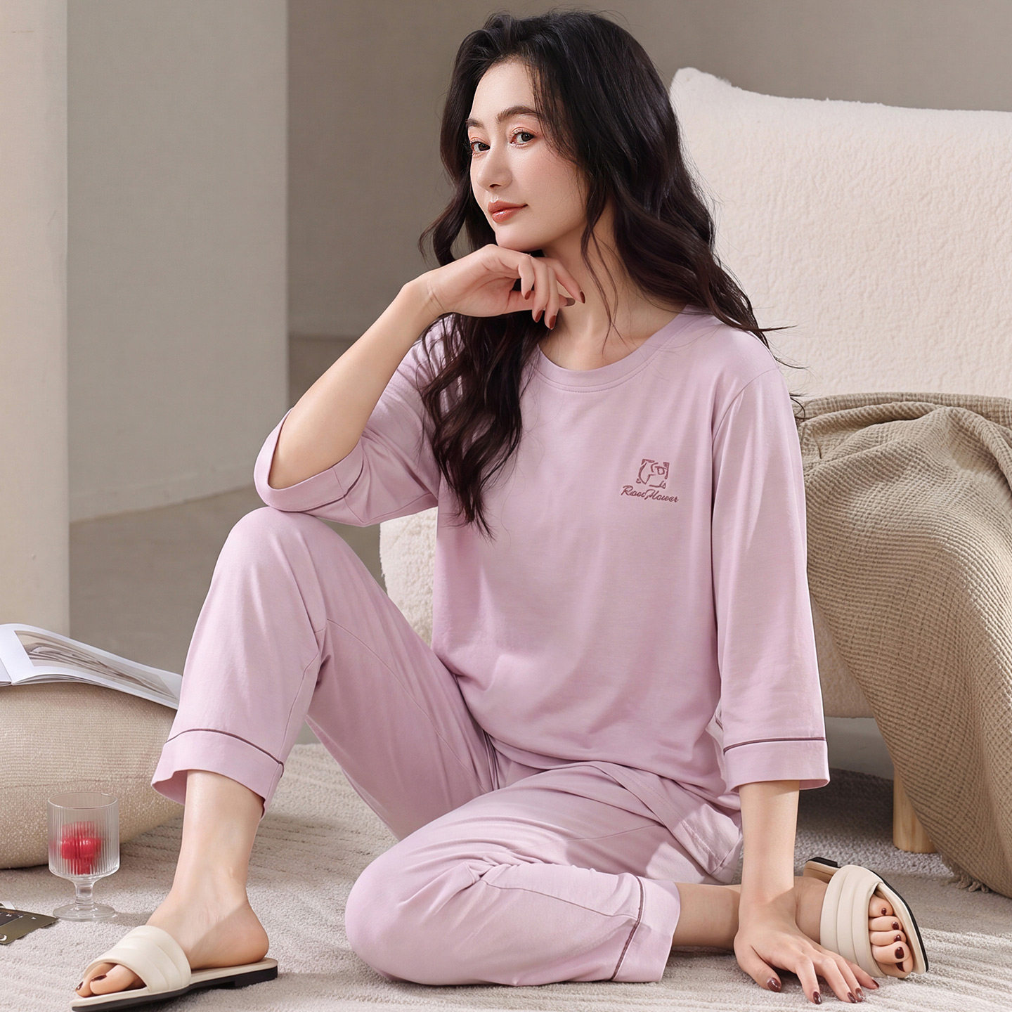 睡衣女款2026新款夏季纯棉七分袖长裤可外穿中老年妈妈大码家居服