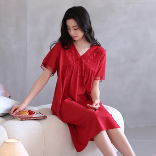 中年妈妈带胸垫睡裙女夏天莫代尔短袖中长款大码红色睡衣连衣裙子