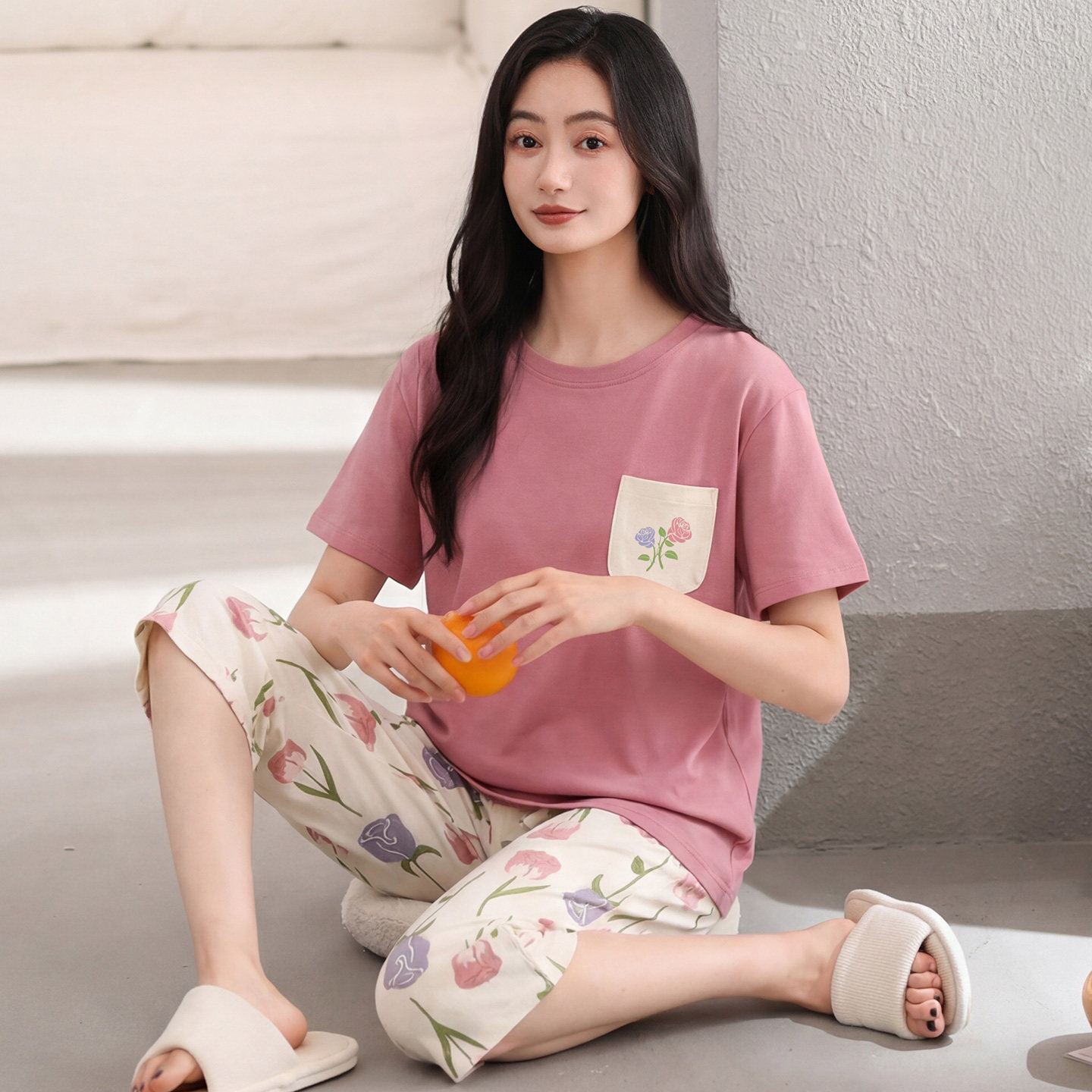 睡衣女款夏季纯棉短袖七分裤套装中年妈妈薄款加肥大码圆领家居服