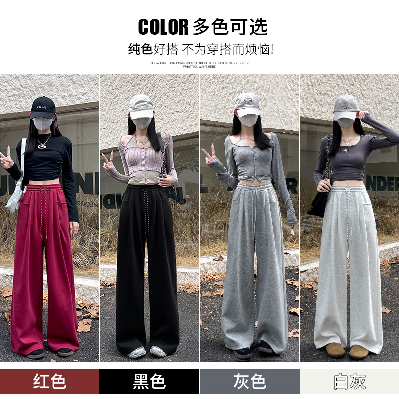 2025年超火的女裤运动裤女款初中生秋直筒卫裤宽松休闲红色小个子