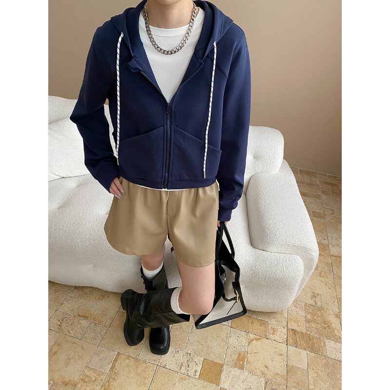 氧感日常美式休闲抽绳连帽拉链小个子短款卫衣外套