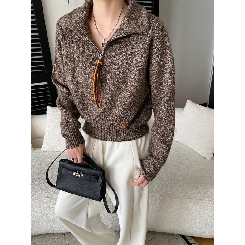 老钱智性风随性休闲半拉链宽松显瘦花纱针织衫毛衣