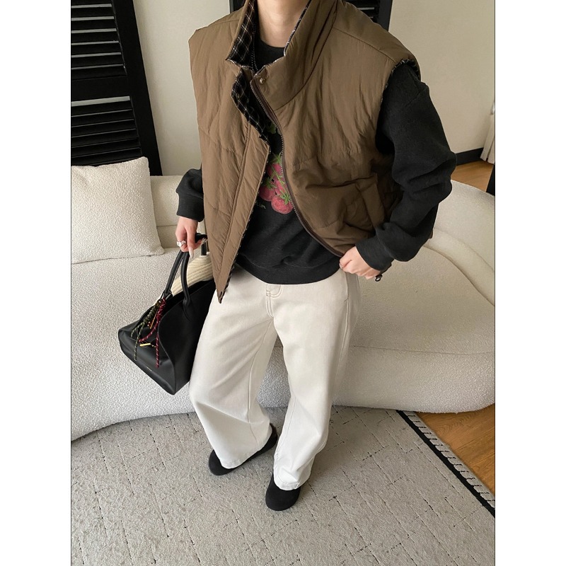 轻暖单品两面穿格纹休闲立领抽绳下摆棉服马甲外套